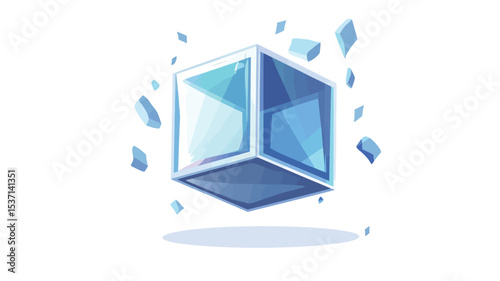 The image is a digital illustration of a translucent, light blue cube with darker blue edges.  The cube appears to be shattering, with smaller, irregularly shaped fragments of similar color and