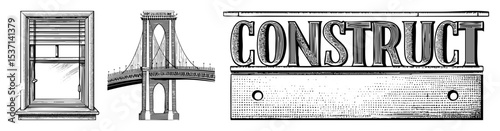 Vector Architectural illustrations featuring a window bridge and construct typography.
