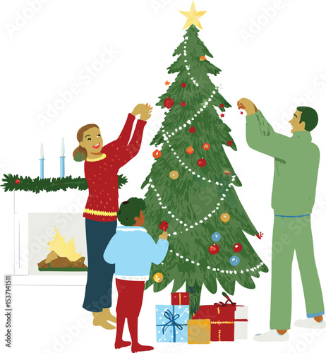 Family Decorating Christmas Tree Together in Cozy Living Room Illustration