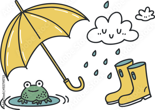 Monsoon Season Elements Vector Set. Clean Rainy Weather Illustration Pack. Flat Monsoon Design. Colorful Rain Accessories Collection. Smooth and Fun Rain Season Art