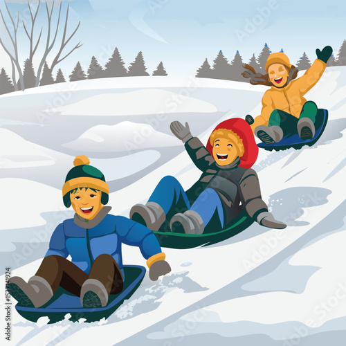 Children Enjoying Winter Fun Sledding Down a Snowy Hill Together