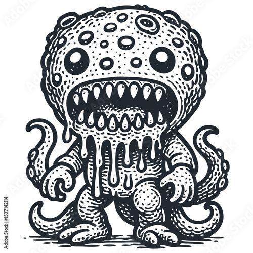 Cute monster vector: Alien or sea creature with tentacles, big eyes, sharp teeth & dripping slime. Retro linocut style. Fun, creepy character art.