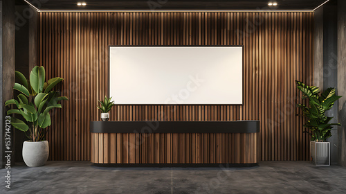 A modern office reception area features a wooden wall and desk with plants and a blank frame for artwork or signage