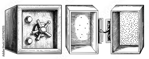 Vector Detailed of a vintage safe with combination lock and open door.