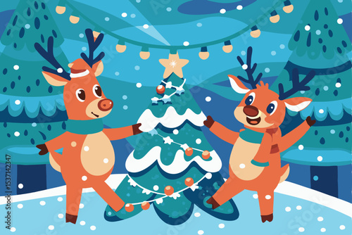 Festive Christmas Illustration with Reindeer Christmas Tree and Snowfall in a Winter Wonderland