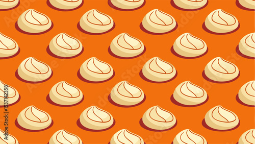 Seamless pattern of steamed dumpling on an orange background, dim sum backdrop, repeating texture design for wrapping paper and fabric