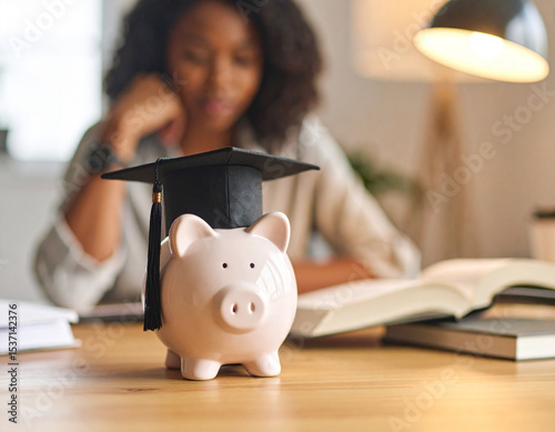 A thoughtful student with a graduation cap on a piggy bank, symbolizing financial planning for future education.