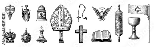Vector Detailed illustrations of religious symbols including a chalice cross and mitre.