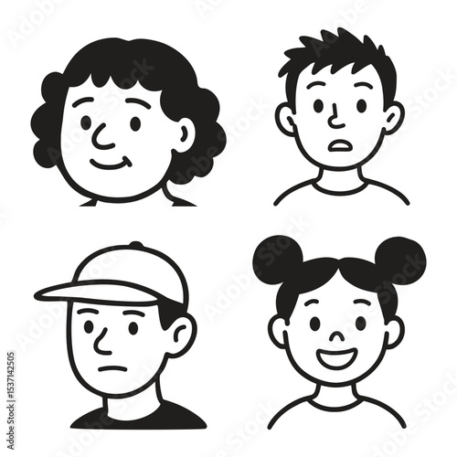 Hand draw simple cartoon faces collection in black and white vector illustration