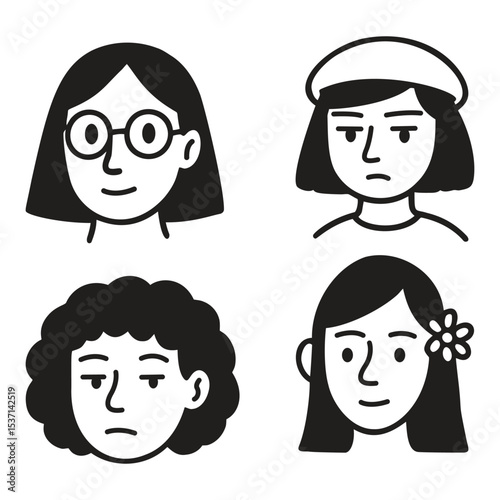 Hand draw simple cartoon faces collection in black and white vector illustration