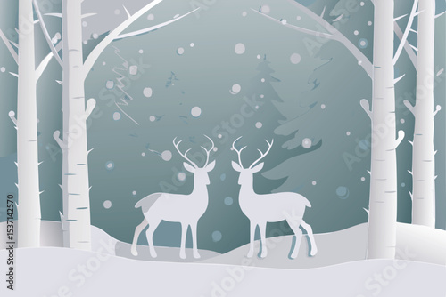 Winter Wonderland with Deer A Serene Paper Cut Illustration of Snowy Forest