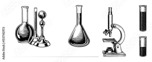 Vector Vintage laboratory glassware and microscope .