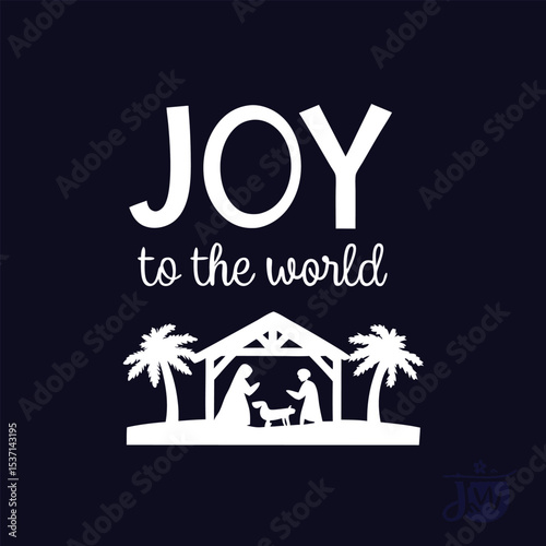 Joy to the World Nativity Scene Silhouette on Dark Blue Background