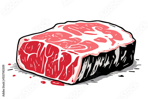 Cartoon illustration of a raw steak with visible marbling and drips, resting on a white surface.