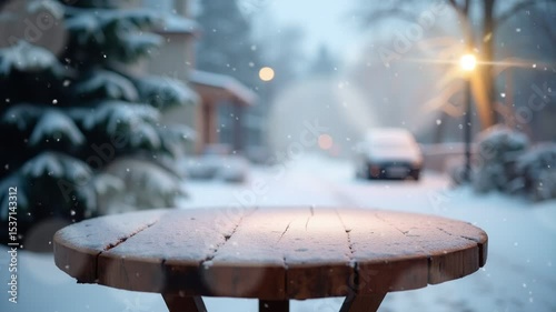 Snow-covered wooden table in winter park with blurred festive lights