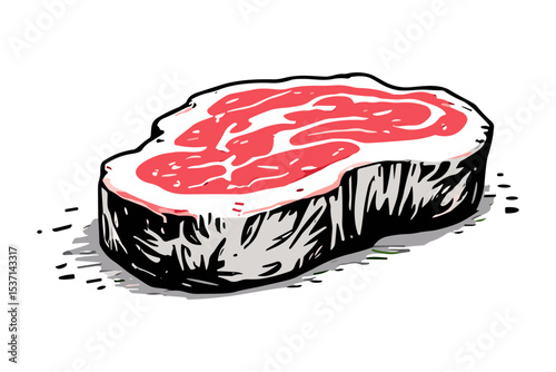 Hand-drawn illustration of a succulent steak slice, showcasing its texture and color.
