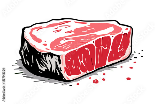Hand-drawn illustration of a raw steak, showing marbling and texture.
