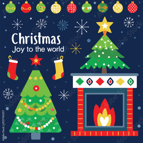 Festive Christmas Scene with Trees Fireplace Ornaments and Holiday Cheer
