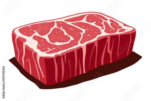A raw beef steak, richly marbled, rests on a dark surface.