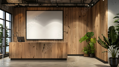 A modern reception area features a wooden desk against a wood paneled wall with a blank frame and potted plants