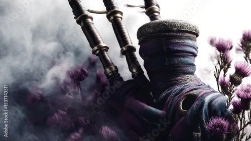 Mysterious figure with bagpipes amidst smoky backdrop