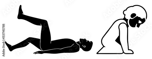Vector Silhouette of a person lying with raised leg and another person grieving.