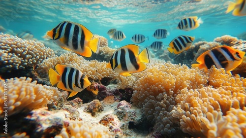 Fototapeta Naklejka Na Ścianę i Meble -  Vibrant Coral Reef with Striped Fish Swimming Among Colorful Corals