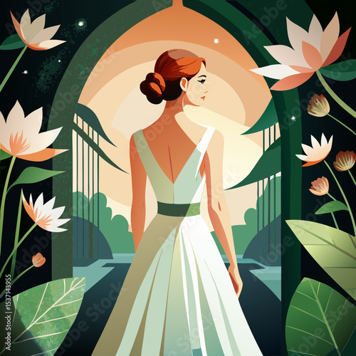 girl standing with her back in an evening dress, open back, long hair, lily in her hair