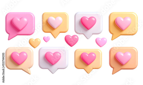 3D heart icon pink and yellow speech bubble love symbol social media notification romantic cute cheerful isolated on transparency background