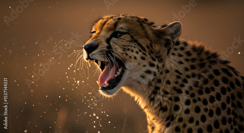 Dramatic close-up shot of a cheetah roaring with water droplets around