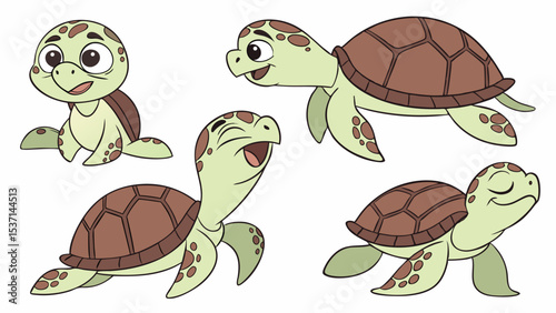 Charming Cartoon Turtle Illustrations in Various Playful Poses