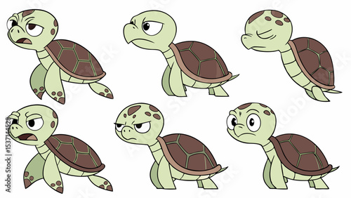 Cartoon Turtles with Expressions, Angry Sad and Surprised Sea Turtle Set
