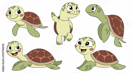 Adorable Cartoon Sea Turtles Collection with Playful Expressions and Detailed Shells