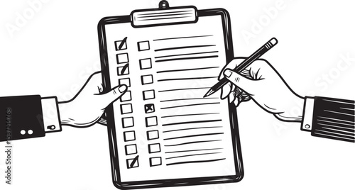 Illustration of a hand holding a clipboard with a pen, ready for writing a business document or checking a list