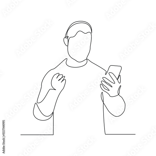 Continuous line drawing of business man holding smartphone. Editable stroke sketch line concept of finger click phone. Vector illustration