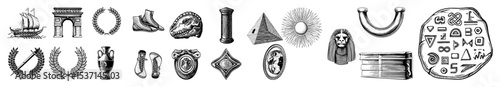 Vector Collection of detailed vector illustrations depicting historical artifacts and symbolic emblems.