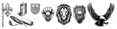 Vector Heraldic elements collection featuring shields lion eagle and weaponry illustrations.