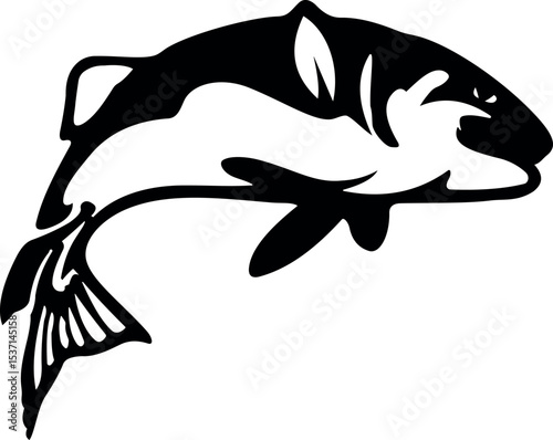 This sentence summarizes the visual style (black silhouette, vector), subject (sea animal like a fish or dolphin), and context (illustration)