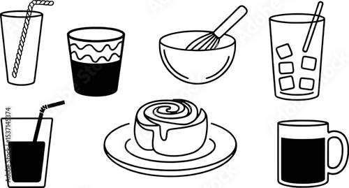 Black and White Line Drawings of Drinks and Pastry