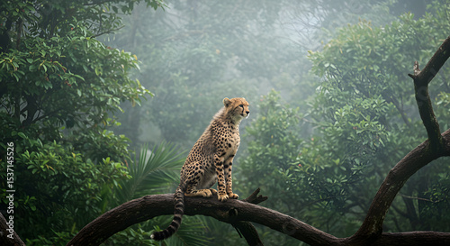 A cheetah poised regally on a branch in a misty, verdant wilderness environment photo
