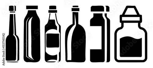 Vector Collection of sleek black silhouette bottles and containers.