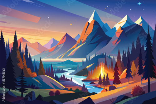 A breathtaking winter mountain landscape captures the sunset over snow-covered peaks, with clouds drifting across the sky and forests blanketing the valleys