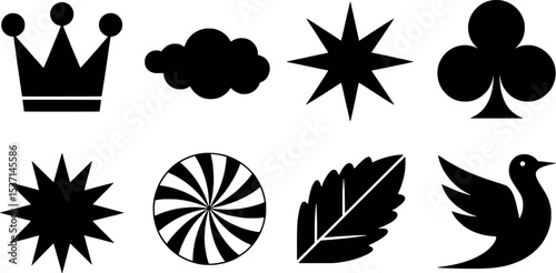 Black and White Simple Icons Set Crown Cloud Star Club Leaf Bird
