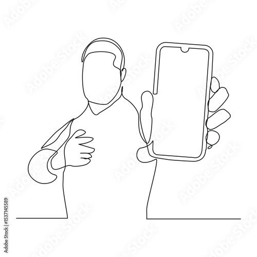 Continuous line drawing of business man holding smartphone. Editable stroke sketch line concept of finger click phone. Vector illustration