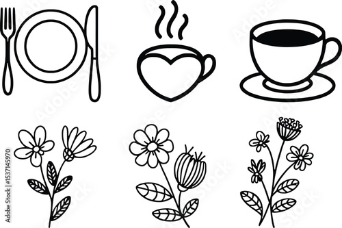 Black Line Art Icons Set Plate Fork Knife Coffee Cup Flowers