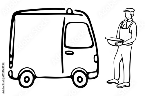 Vector Delivery worker with van
