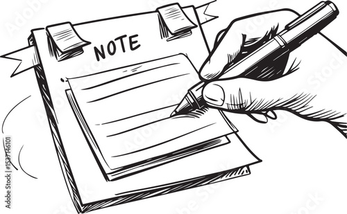 Hand writing a business plan in a notebook, checking off a customer survey form, or making a medical note on a blank page with a pen