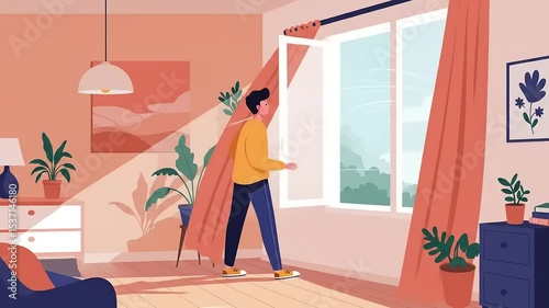 A person opening curtains in a cozy living room, revealing a bright outdoor view with plants