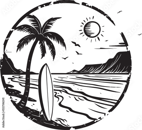 Tropical beach vacation with a silhouette of a sailboat on the ocean under the summer sun and palm trees