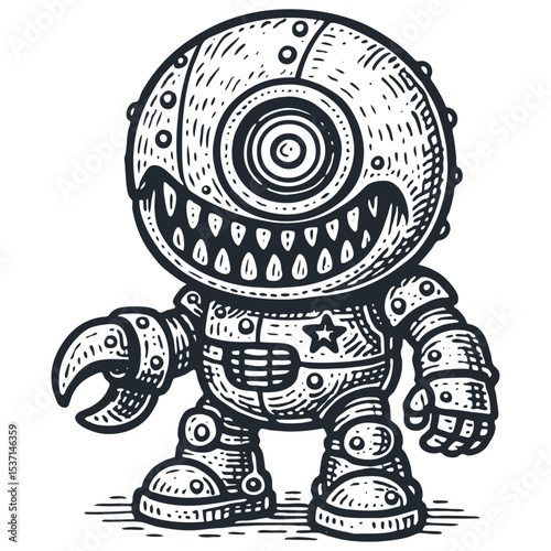 Retro robot cyclops vector. Cute, mischievous character with one big eye, toothy grin, claw hand & star. Linocut engraving style art. Fun design.